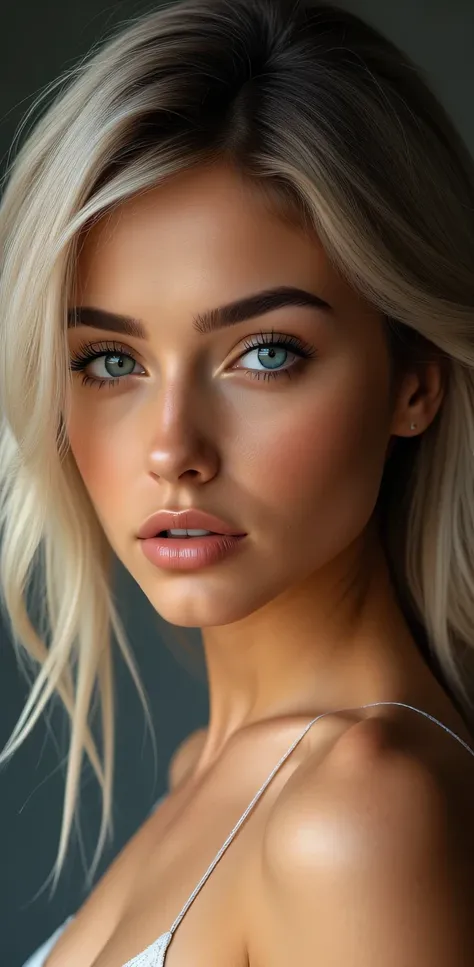 Hyperrealistic female model:
by:
- Color: Dark blonde with silver highlights (#B1B1B1)
- Texture: seeds, with a touch of glitter
- Length : to the waist
- Style : Styled to one side , with a touch of elegance
Eyes :
- Color: Deep blue with green ...