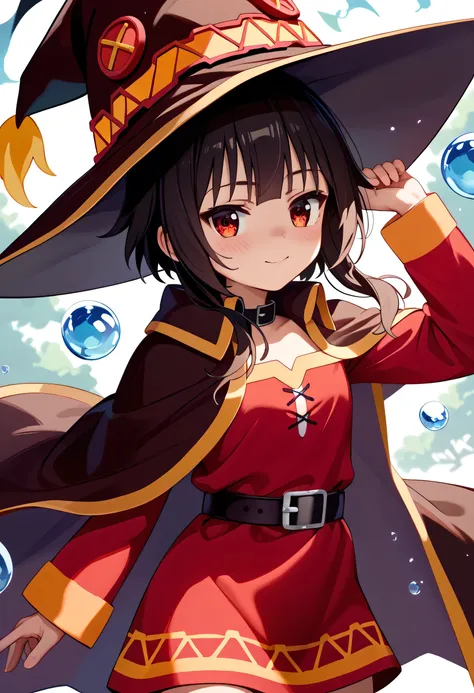  anime girl wearing a witch hat、Megumin、 Flirty Anime Witch Casting Magic 、Konosuba anime style、 anime style 4k、 anime moe art style 、 cute girl anime visual、Black Haired Mage 