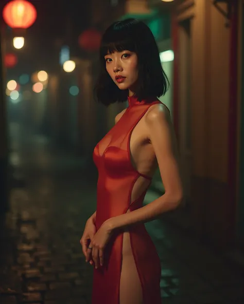 Cinematic photography of a tall skinny beautiful Korea sensual nude actress Bae Doona with only wearing a very very tight and very very see-through Chinese traditional Cheongsam dress with very high slit is posing sensually inside an old Chinatown brothels...