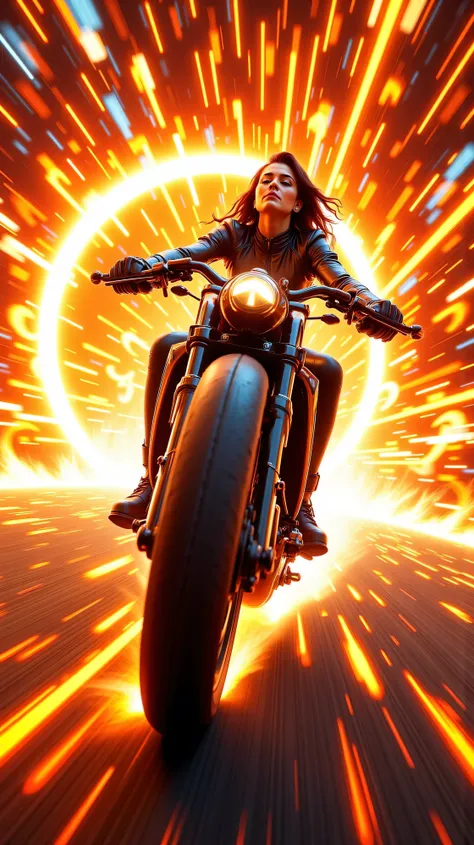 "Inside the vast, infinite tunnel of time, the woman races forward, her sleek futuristic motorcycle cutting through the glowing passage. The tunnel’s walls are bathed in a pure white light, but ahead, the tunnel opens up to a radiant, fiery red that draws ...