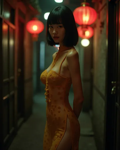 Cinematic photography of a tall skinny beautiful Korea sensual nude actress Bae Doona with only wearing a very very tight and very very see-through Chinese traditional Cheongsam dress with very high slit is posing sensually inside an old Chinatown brothels...