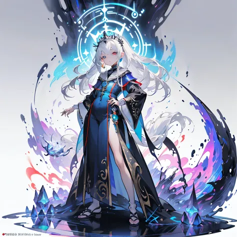 (((Text: Full-body view of a powerful and enigmatic figure, dressed in mystical and intricate robes, holding an ancient artifact that grants special abilities. The figure is viewed from the front, exuding an aura of mystery and power, with a determined and...