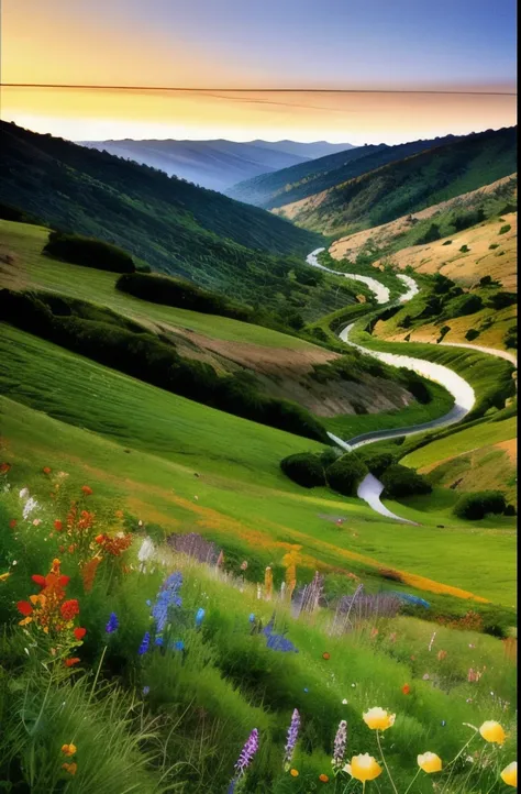 there is a field of flowers that are growing on the side of a hill, vast lush valley flowers, mythical floral hills, meadows on hills, wildflowers and grasses, wildflowers, grass and weeds”, colorful ravine, vegetation and flowers, field of wild flowers, j...