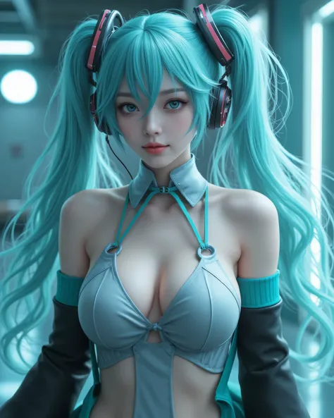 1girl, High Resolution, mikuTwintails, Long Hair, blue green hair, blue green eyes, breasts, cleavage, full body view, Cinematic Lighting, Ray Tracing, Reflection Light, 1girl, High Resolution, mikuTwintails, Long Hair, blue green hair, blue green eyes, br...