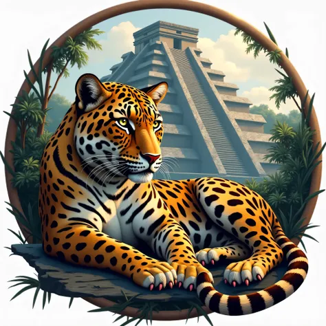 Logo for my YouTube channel, containing a resting Jaguar and a Mayan City in the background. Realistic photo