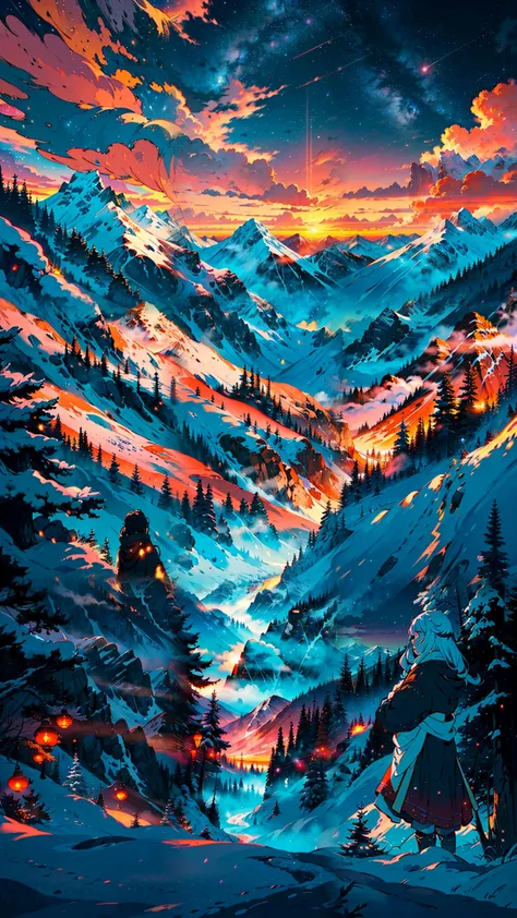 A breathtaking anime-style cinematic scene of a majestic snow-capped mountain range glowing under the warm hues of a setting sun. The sky is painted with vibrant orange and pink clouds, transitioning to a deep blue filled with twinkling stars and a faint M...