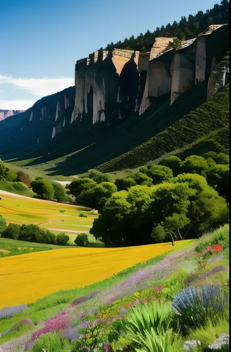 there is a field of flowers that are growing on the side of a hill, vast lush valley flowers, mythical floral hills, meadows on hills, wildflowers and grasses, wildflowers, grass and weeds”, colorful ravine, vegetation and flowers, field of wild flowers, j...