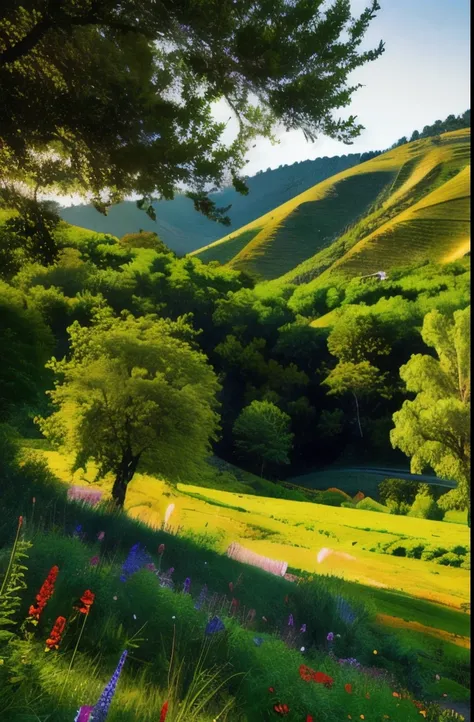 there is a field of flowers that are growing on the side of a hill, vast lush valley flowers, mythical floral hills, meadows on hills, wildflowers and grasses, wildflowers, grass and weeds”, colorful ravine, vegetation and flowers, field of wild flowers, j...