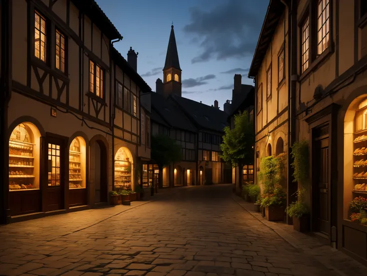 best quality, very high resolution, full color, ultra detailed, extremely detailed CG, Medieval European Streetscapes、Cityscape at dusk