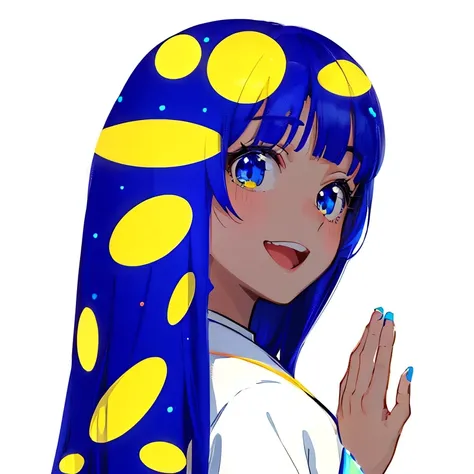 anime girl with blue hair and yellow dots on her head, anime girl with cosmic hair, ufotable art style, inspired by Rei Kamoi, portrait anime space cadet girl, in the art style of 8 0 s anime, in an anime style, inspired by Yayou Kusama, 2 d anime style, a...