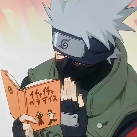 This image shows Kakashi Hatake from the anime Naruto reading an orange book titled Icha Icha Paradise, a fictional romantic novel series within the anime. Kakashi's silver hair, ninja headband covering one eye, and mask over his face are iconic features o...