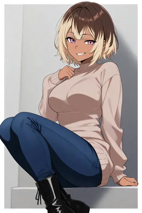 solo, female, average breasts, short hair, brown hair, pale blonde hair highlights, dark skin, light pink eyes, pale brown sweater, dark blue jeans, black boots, smirk,