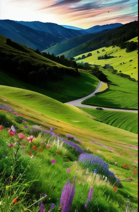 there is a field of flowers that are growing on the side of a hill, a photo by Jessie Algie, flickr, renaissance, vast lush valley flowers, mythical floral hills, meadows on hills, wildflowers and grasses, wildflowers, grass and weeds”, colorful ravine, ve...