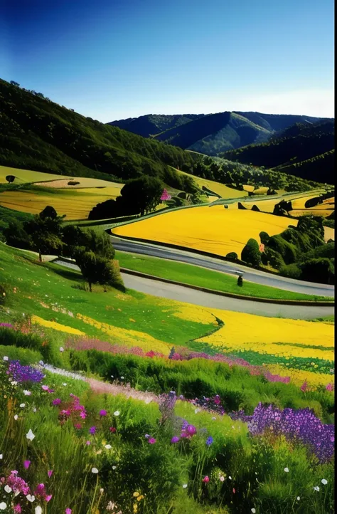 there is a field of flowers that are growing on the side of a hill, a photo by Jessie Algie, flickr, renaissance, vast lush valley flowers, mythical floral hills, meadows on hills, wildflowers and grasses, wildflowers, grass and weeds”, colorful ravine, ve...