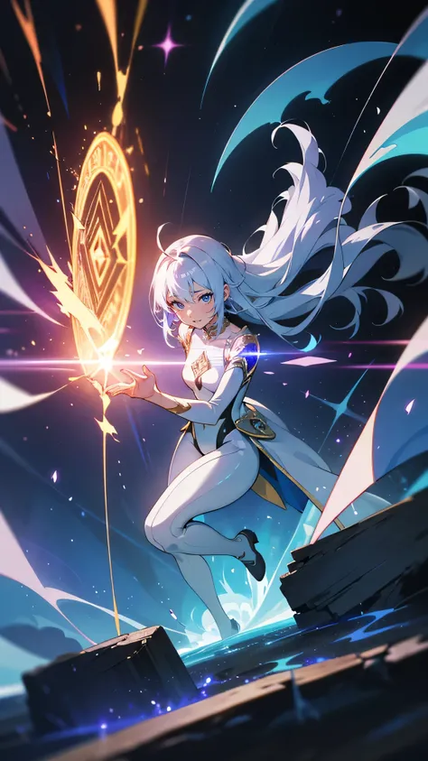 “A breathtaking moment as a mysterious woman with glowing silver-white hair, dressed in a sleek black and silver asymmetrical bodysuit, activates her latent powers at the center of a crumbling chamber. Her bodysuit is intricately decorated with glowing geo...