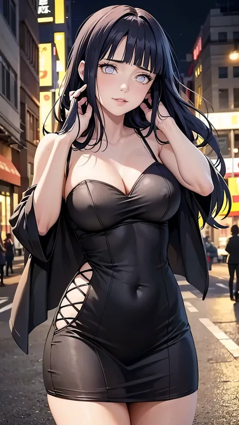 1girl(Hinata Hyuuga-Naruto), very long black hair, shaking head vigorously, messy hair, beautiful girl, transparent dress, nude body, street dance, nsfw, detailed face, beautiful detailed eyes, beautiful detailed lips, extremely detailed eyes and face, lon...