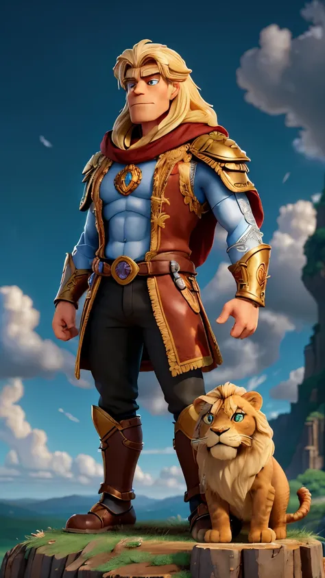 A heroic male figure standing tall and confident standing beside a huge majestic lion. The man is clad in ornate, battle-worn armor, a flowing cape billowing behind him, and holding a glowing sword. The lion, with a regal mane and piercing eyes, stands pro...