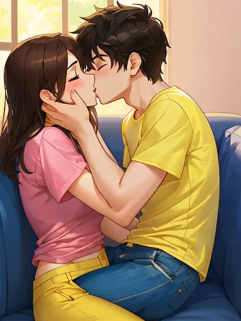 Boy wearing light denim shirt and white trackpants kissing and making out passionately with a girl wearing pink t shirt and yellow shorts on the couch, intimate, passionate