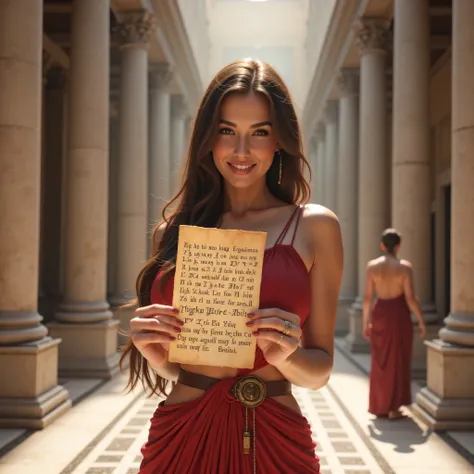 A symmetrically balanced wide angle image set in ancient rome time era. The scene features a lively, luscious, and shapely woman ancient rome senator with a blush and a smile, dressed in a tight, shapely ancient rome toga dress. She is holding show up a la...