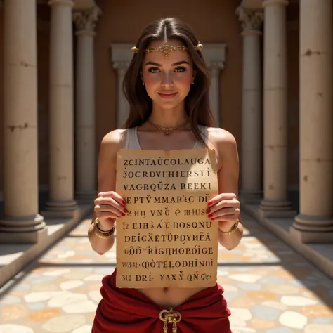 A symmetrically balanced wide angle image set in ancient rome time era. The scene features a lively, luscious, and shapely woman ancient rome senator with a blush and a smile, dressed in a tight, shapely ancient rome toga dress. She is holding show up a la...