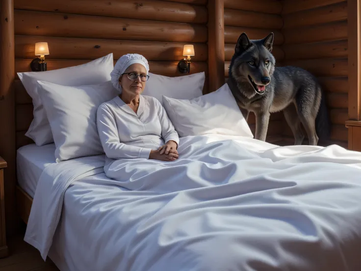 (masterpiece), best quality, 1woman, an old grandmother (80 years old) with grey hair and glasses, wearing a white nightgown and a white nightcap, sitting in an old large bed, the bed is done with big white pillows and a large white quilt, a ferocious wolf...