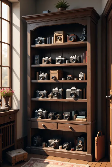 Wooden bookcase full of old cameras