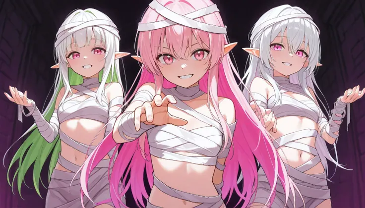 body pain green ,Elf,Multi-colored hair,White hair, light pink hair,In pink eyes , mummy costume, Medium Chest , Smiling,,Make a threatening hand ,Long hair