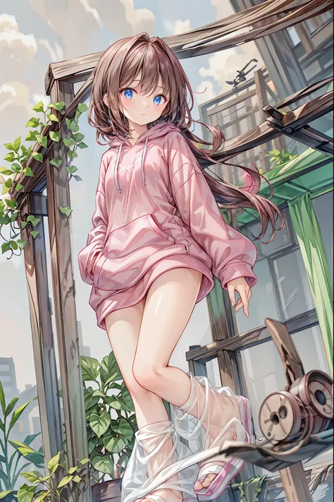  ,  pink，Wear a hoodie。Nice,Beautiful night view background, standing on tiptoes , upright，Correct posture， rear view,  small breasts，  flat chest ，((from below:1.2)), Seductive grey-blue eyes shine like stars， Hair