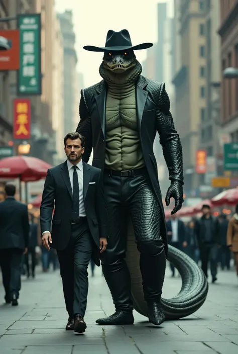 CREATE STRONG GIANT SNAKE , Humanoide,  with black suit,  black pants, black hat, shoe,  WALKING WITH A MAN NEXT TO HIM IN A BLACK SUIT ON THE STREET.