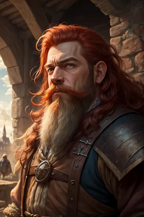 (masterpiece), (best quality), (ultra detailed),(disheveled hair),(illustration), dwarf man, red hair, big beard, medieval clothing