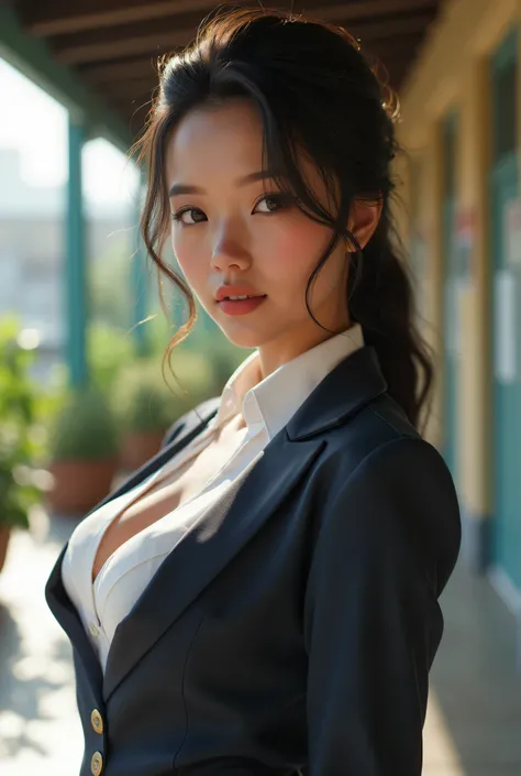 The student is very beautiful with big breasts in a student uniform.