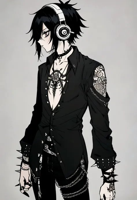 Anime style emo with short tousled hair, with a black dress shirt open at the chest and with tattoos, black pants with headphones on with spikes around them