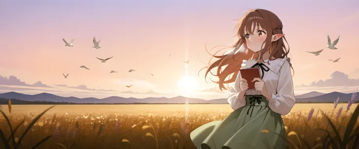 The scene begins in a tranquil meadow, where a young anime girl named Airi stands quietly. Her shoulder-length chestnut brown hair sways gently in the breeze, with a few strands tucked behind her delicate, slightly pointed ears. She wears a light cream-col...