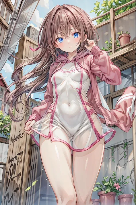  ,  pink，Wear a hoodie。Nice,Beautiful night view background, standing on tiptoes , upright，Correct posture， rear view,  small breasts，  flat chest ，((from below:1.2)), Seductive grey-blue eyes shine like stars， Hair