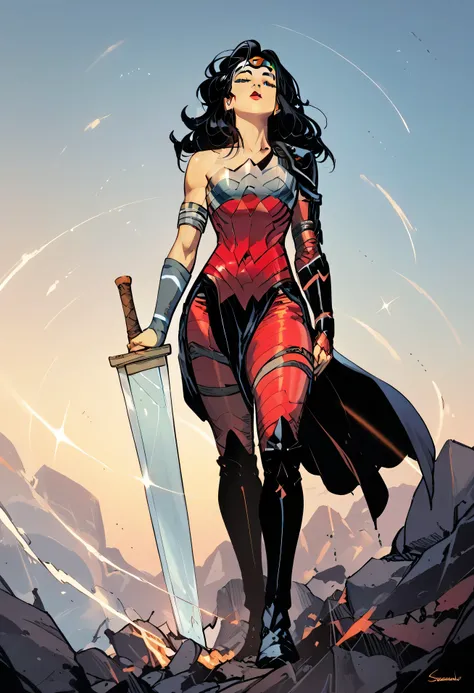 Ultimate wonder woman, sexy, seducive, erotic, epic, Giant sword, leaning on her sword 