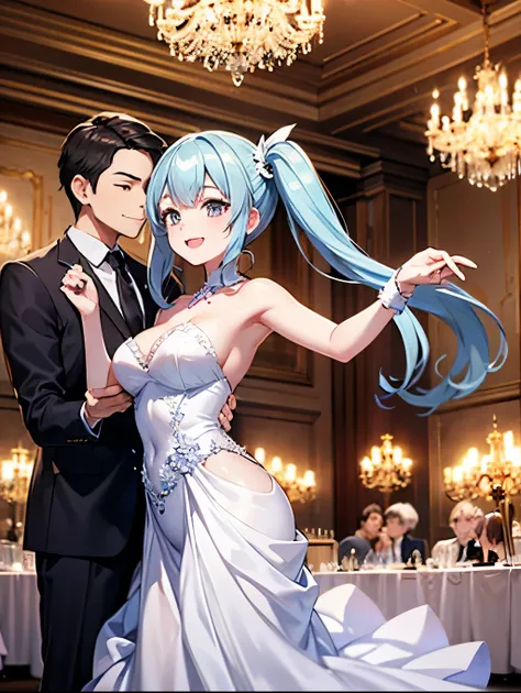  light blue long hair、 beautiful twin tail girl  、smile、 a ball in a big venue with chandeliers、Beautiful girl is doing ballroom dancing、A lot of people are dancing 