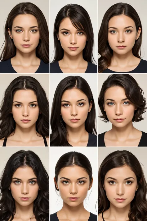 38-year-old-woman, dark wavy hair, fair skin, face photo, grid of faces, different expressions,