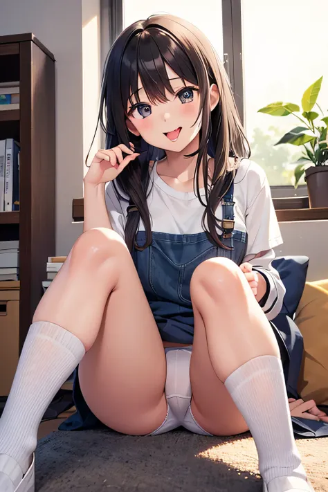 Please generate an illustration of a middle school-aged girl in white underwear who is laughing, sticking out her tongue, and crouching with her legs open towards us while 、 piecing。