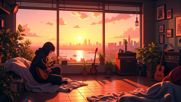 Cozy home music studio at sunset, anime style digital art. Large windows with panoramic city view, warm orange and pink sky, setting sun reflecting on water. Person in black hoodie sitting relaxed with play guita. around have a musical instrument. Wooden f...