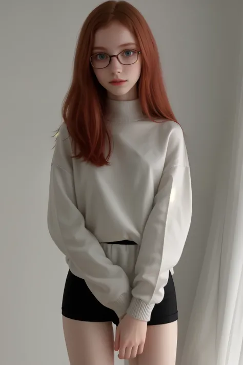 raw photo,full body shot, full view,(13yo skinny redhead girl:1.2), flat chested, (long thin legs), cheek dimples, blushing, graphic eyeliner, rouge, (lipstick:0.6), (choker:0.9), pale skin, detailed skin, realistic skin texture, oversize knit sweater, (re...