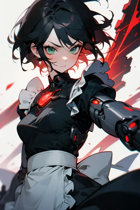 Combat Cyborg,  anime style,  female face , black and red maid clothes.  short black hair .  robotic arms.  green eyes