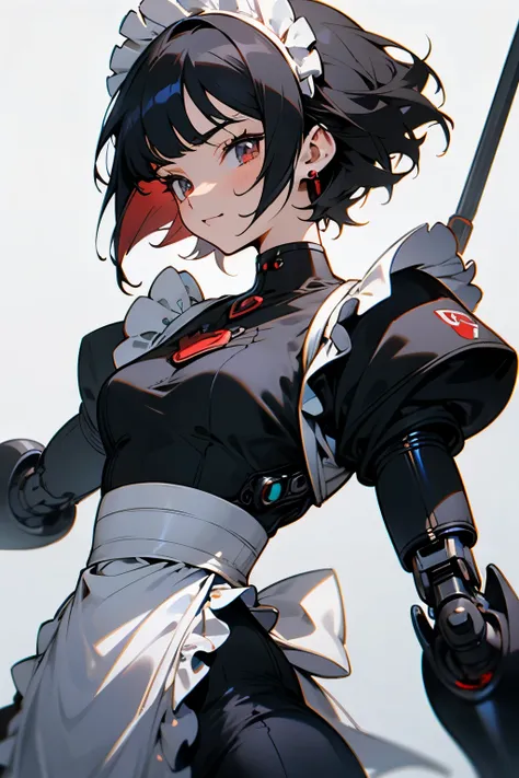 Combat Cyborg,  anime style,  female face , black and red maid clothes.  short black hair .  Robotic arms.