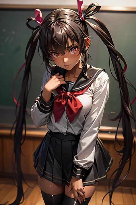  best quality, highest resolution,((( Twin Tails　red and black school uniform with metallic luster　 girl　sweat)))　Taimanin Yukikaze　((Mizuki Yukikaze))