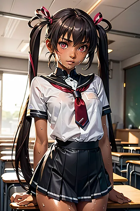  best quality, highest resolution,((( Twin Tails　red and black school uniform with metallic luster　 girl　sweat)))　Taimanin Yukikaze　((Mizuki Yukikaze))