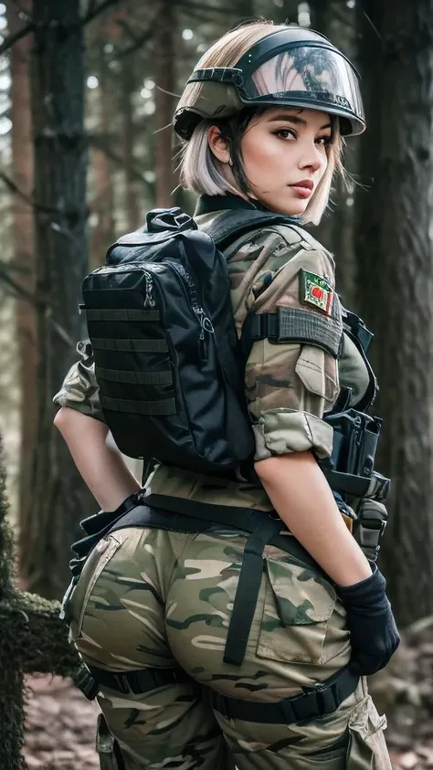 a contractor girl, Japanese and Russian facial features, white french bob haircut, embarrassed, riding a women, on top of each other, pulling down his pants, full of too much large pubic hair in vagina and anus, wearing full equip militar camouflage, chest...