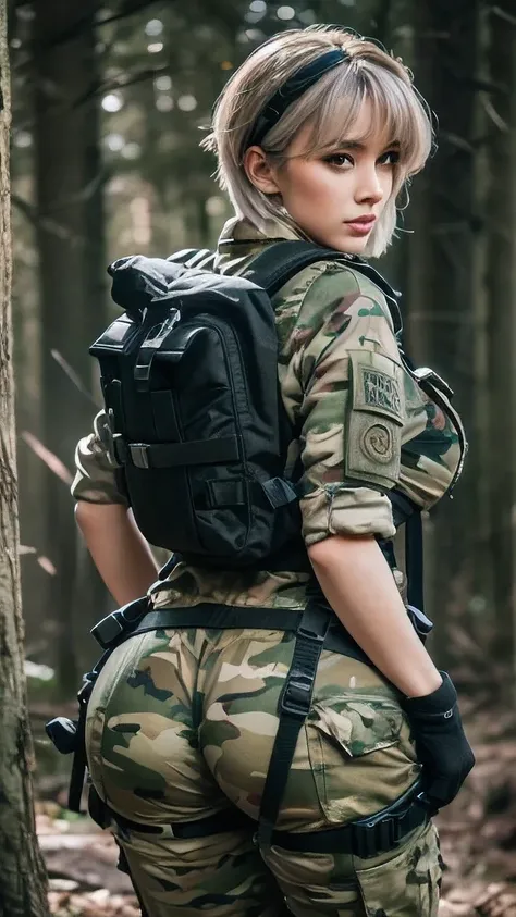 a contractor girl, Japanese and Russian facial features, white french bob haircut, embarrassed, riding a women, on top of each other, pulling down his pants, full of too much large pubic hair in vagina and anus, wearing full equip militar camouflage, chest...