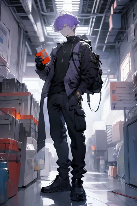 Purple haired ,  holding a bomb,  tall, built , Male, cold looking 

