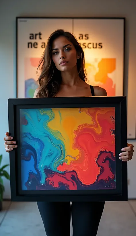 in a famous and modern fluid art gallery, a beautiful woman with big tits, with a perfect athletic body, holds a large black frame in front of her chest in a show of fluid colors, the writings "L.Frenz" and "ART IS LIVE live Is ART" are written on the wall...