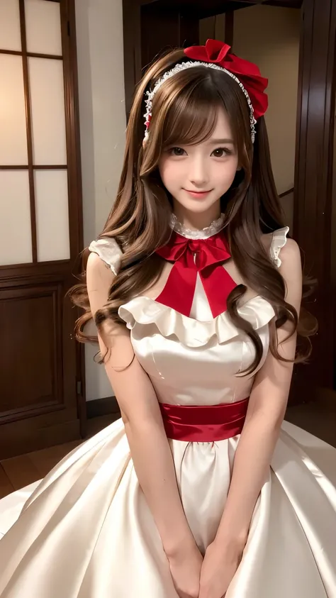 (((Top Quality))), (((Masterpiece))), (((Details))), tall, looking at camera, face-to-face, pure red shiny silk satin ruffle girly empire length wedding dress, hands thrust forward, Japanese, brown hair, long hair, gorgeous room,. Gorgeous ribbon hair acce...