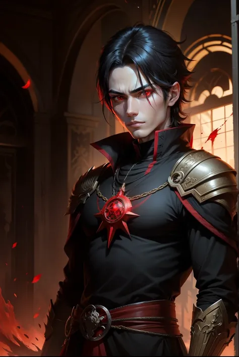 
 God, person,  male, beautiful, bloodthirsty,  red eyes,  black hair, antique, Blood Mage,  anime style